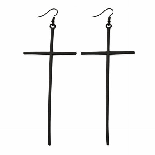 Black Long Cross Drop Earrings – Minimal Gothic Statement Jewelry