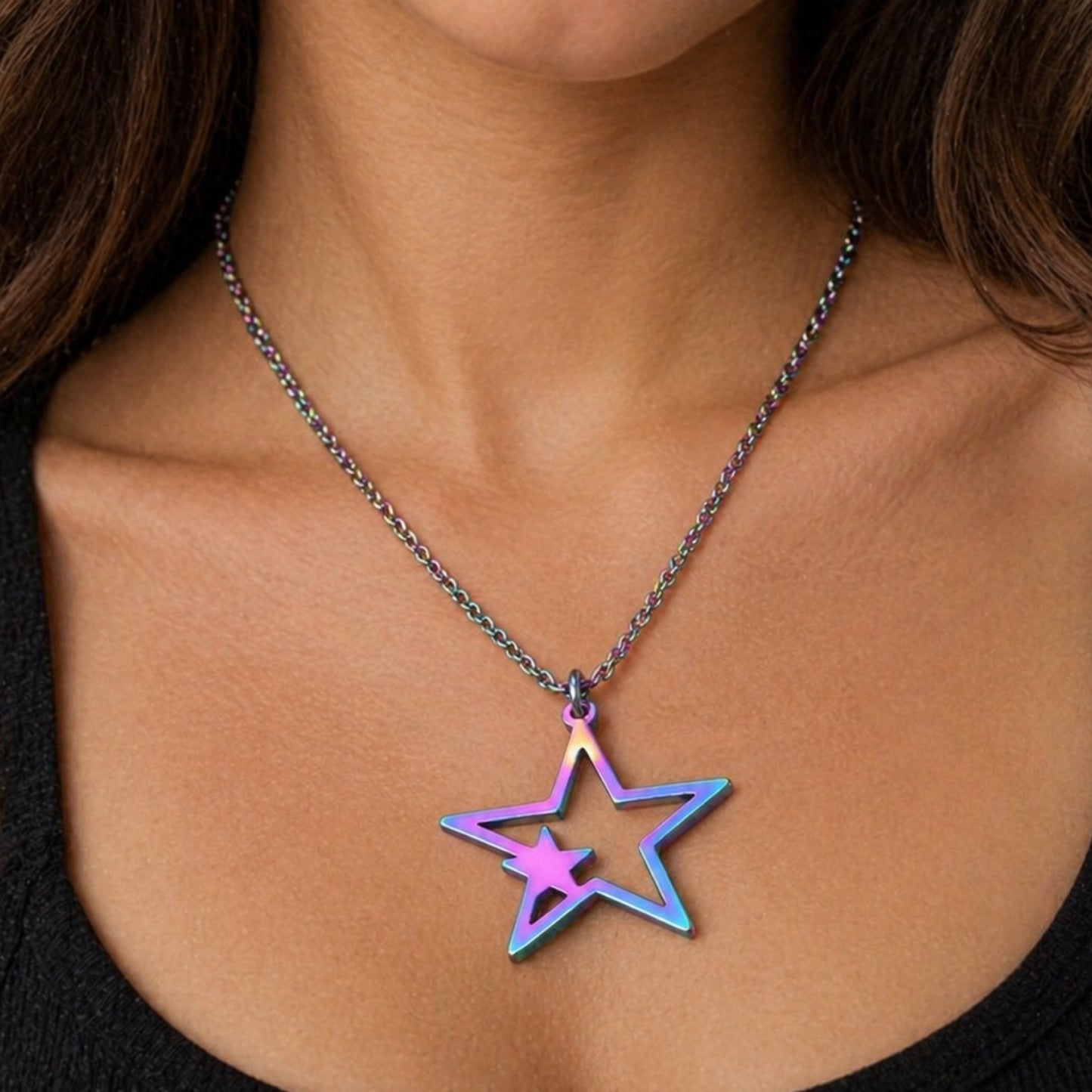 Iridescent Rainbow Star Pendant Necklace – 20” Chain