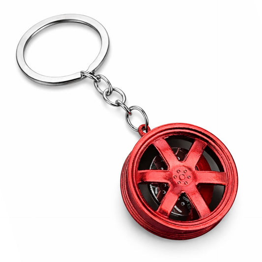 Red Alloy Car Wheel Rim Keychain – 3.5cm Spinner Tire Key Ring for Car Lovers