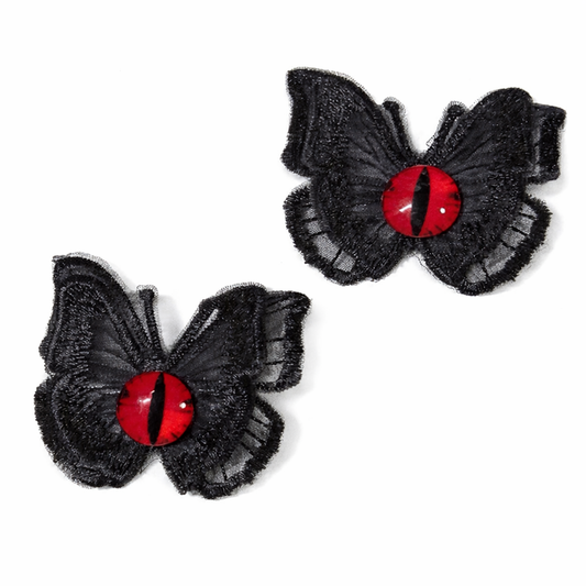 Goth Butterfly Eyeball Hair Clips – Black Lace Red Eye | Gothic Accessories