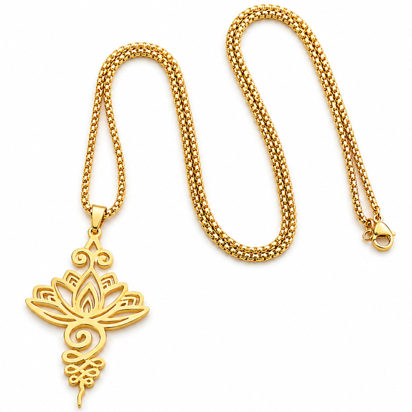Gold Lotus Pendant Necklace – Stainless Steel 24” Chain