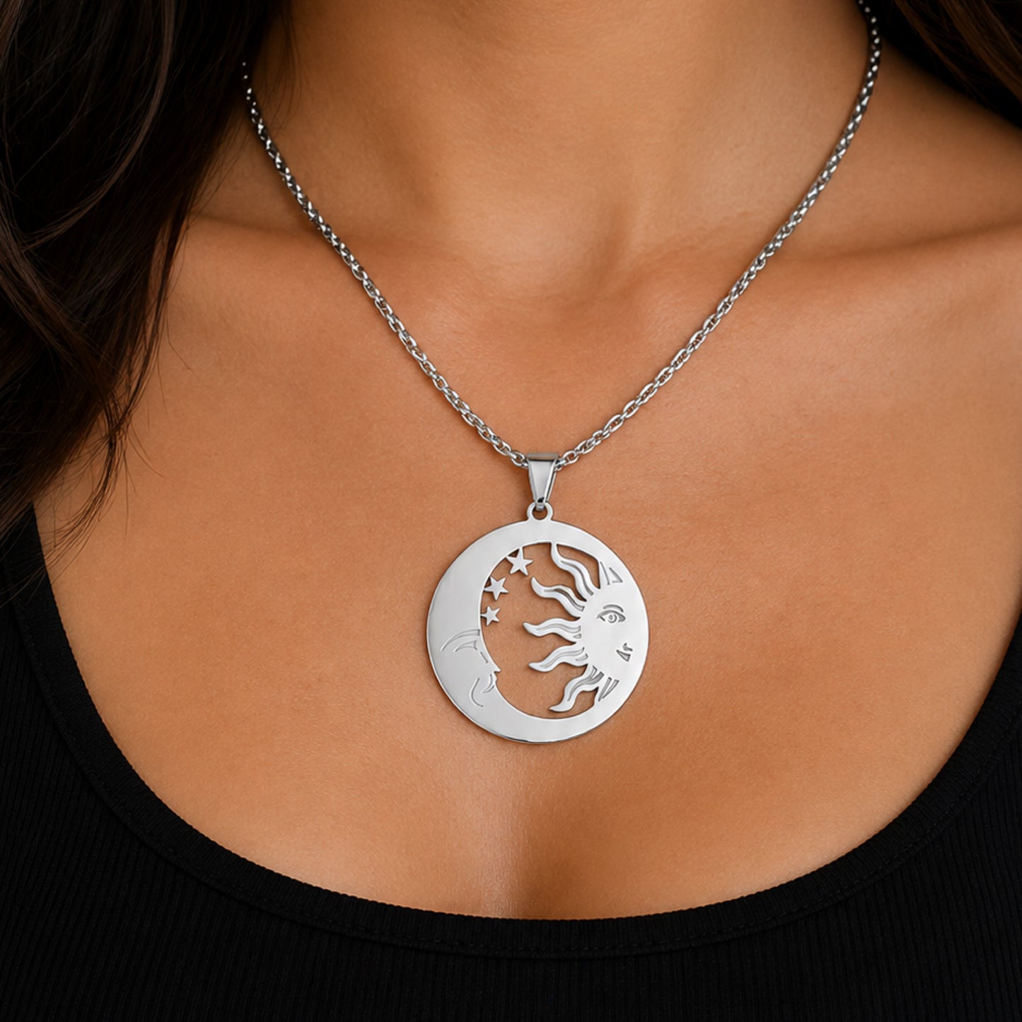Stainless Steel Sun & Moon Pendant Necklace – 24” Chain
