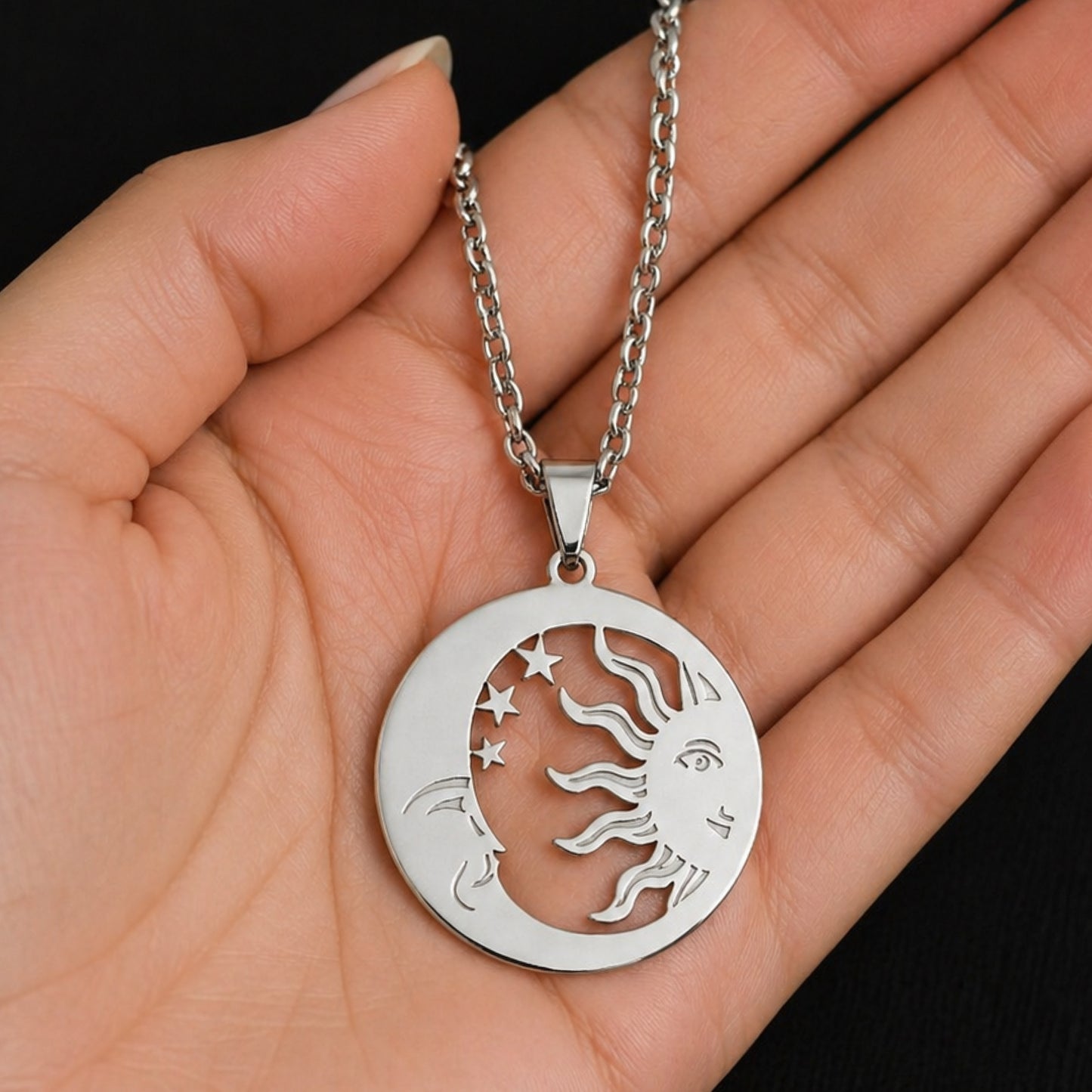 Stainless Steel Sun & Moon Pendant Necklace – 24” Chain