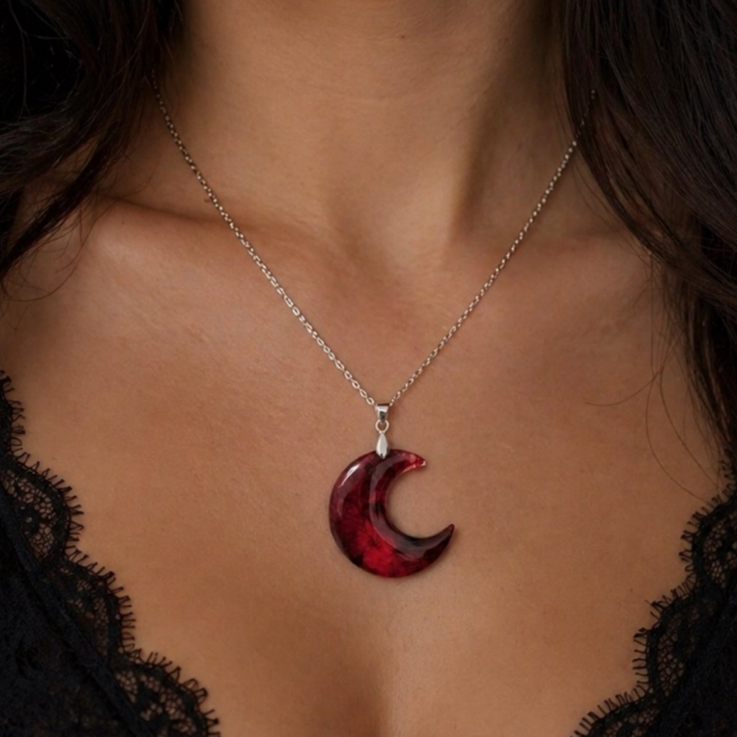 Red Crescent Moon Pendant Necklace – 20” Chain