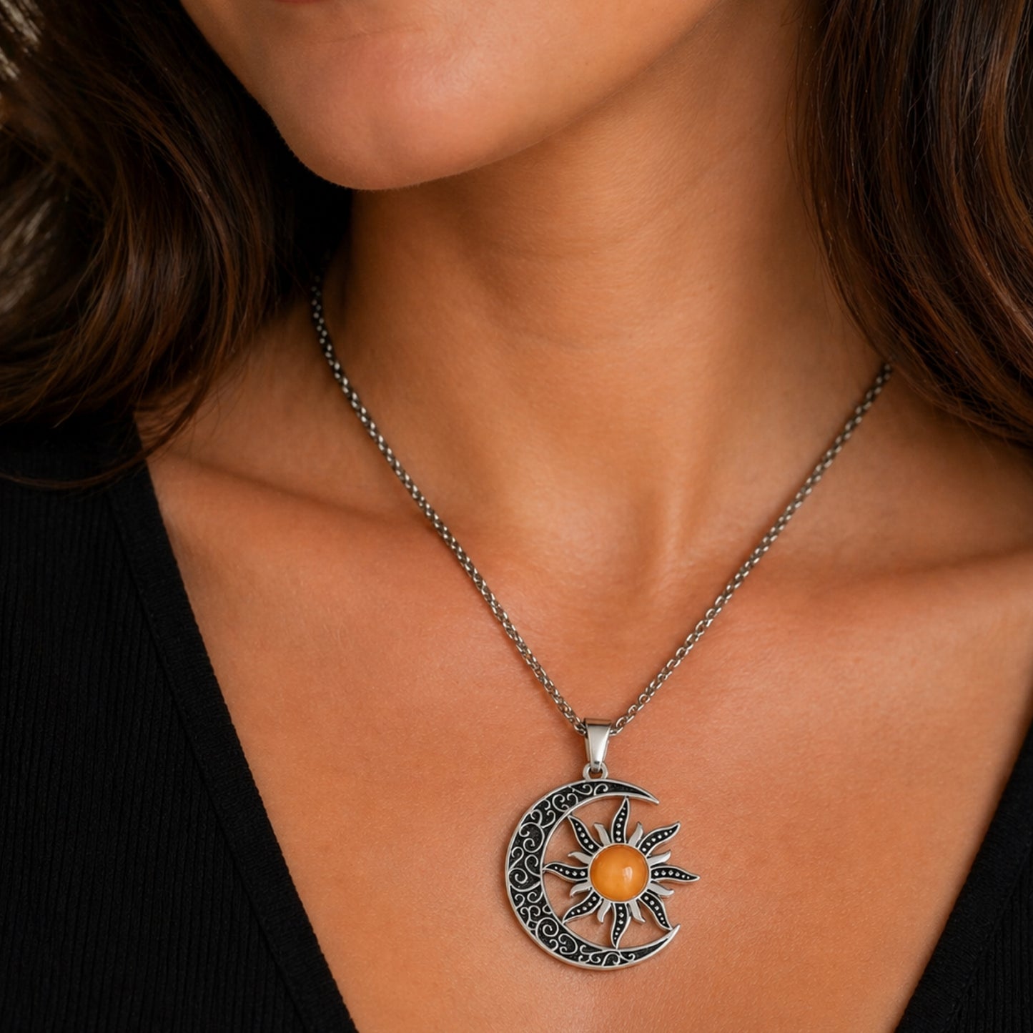 Sun & Moon Celestial Pendant Necklace – 24” Chain