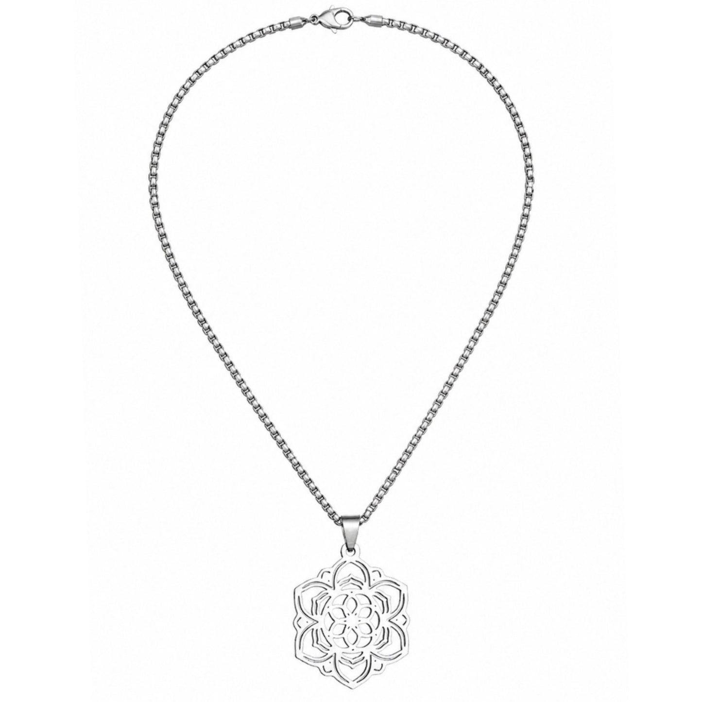 Stainless Steel Mandala Flower Pendant Necklace – 24” Chain
