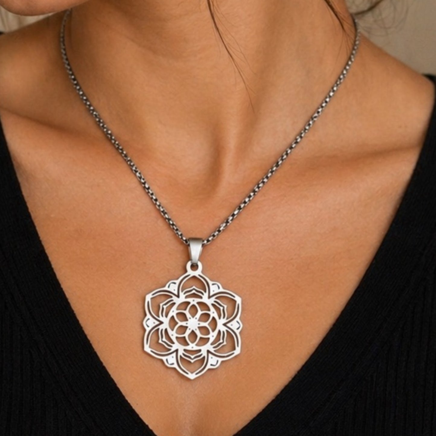 Stainless Steel Mandala Flower Pendant Necklace – 24” Chain
