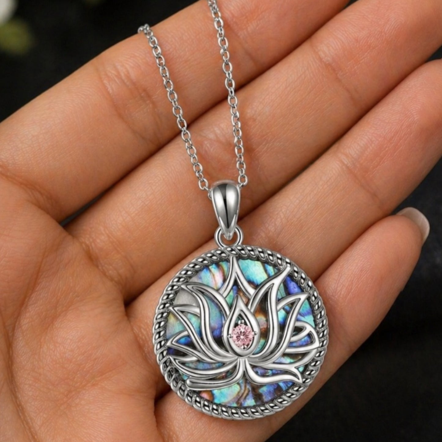 Lotus Shell Inlay Pendant Necklace 18” Chain