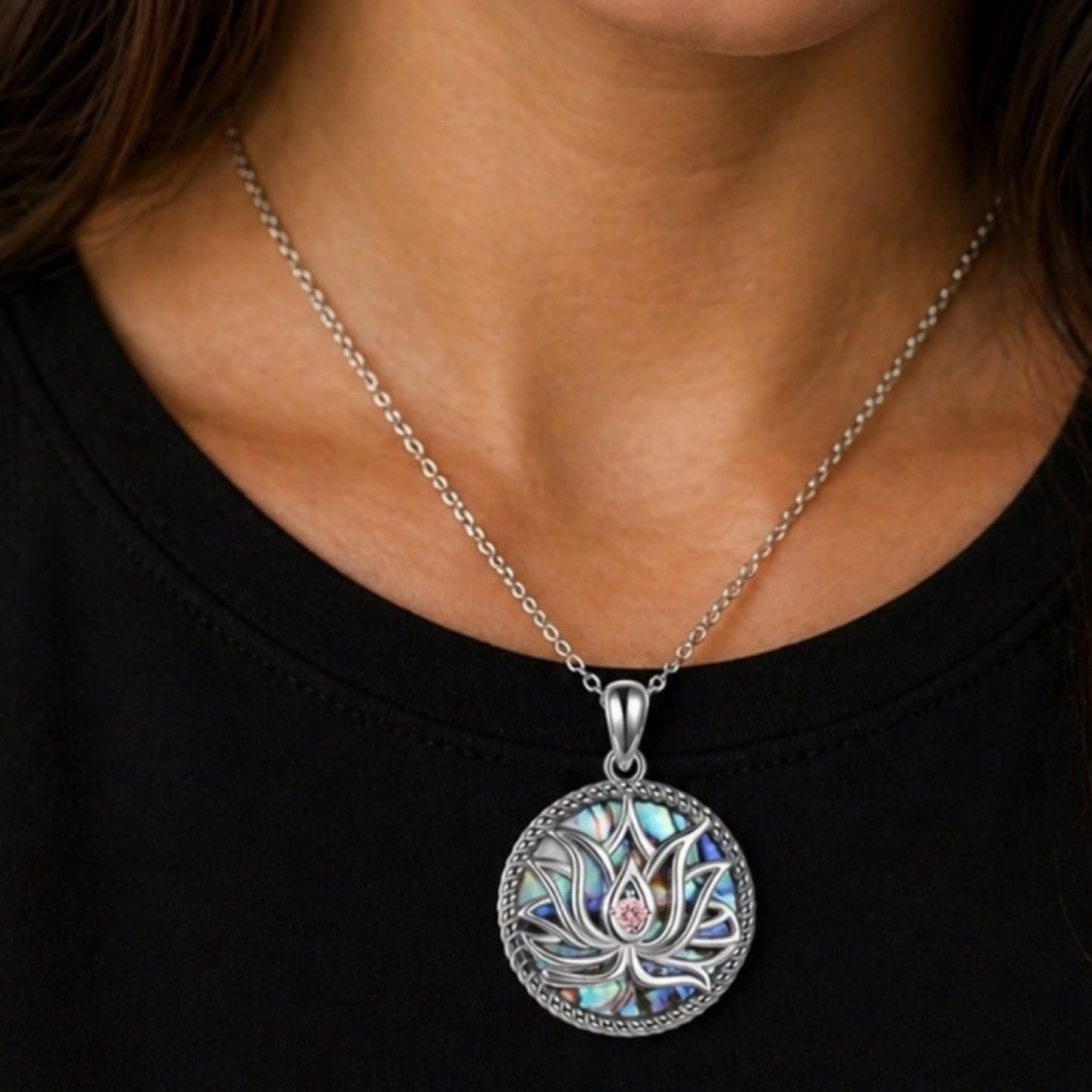 Lotus Shell Inlay Pendant Necklace 18” Chain