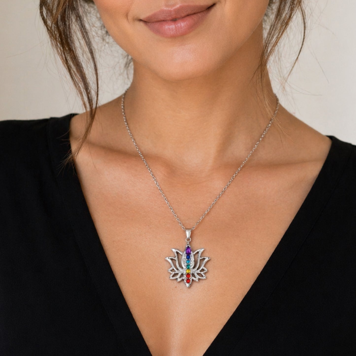 Stainless Steel Lotus Rainbow Gem Chakra Pendant Necklace
