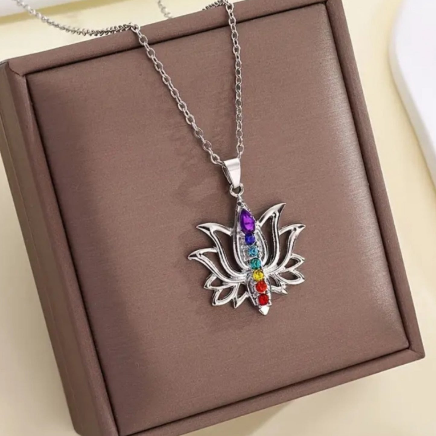 Stainless Steel Lotus Rainbow Gem Chakra Pendant Necklace