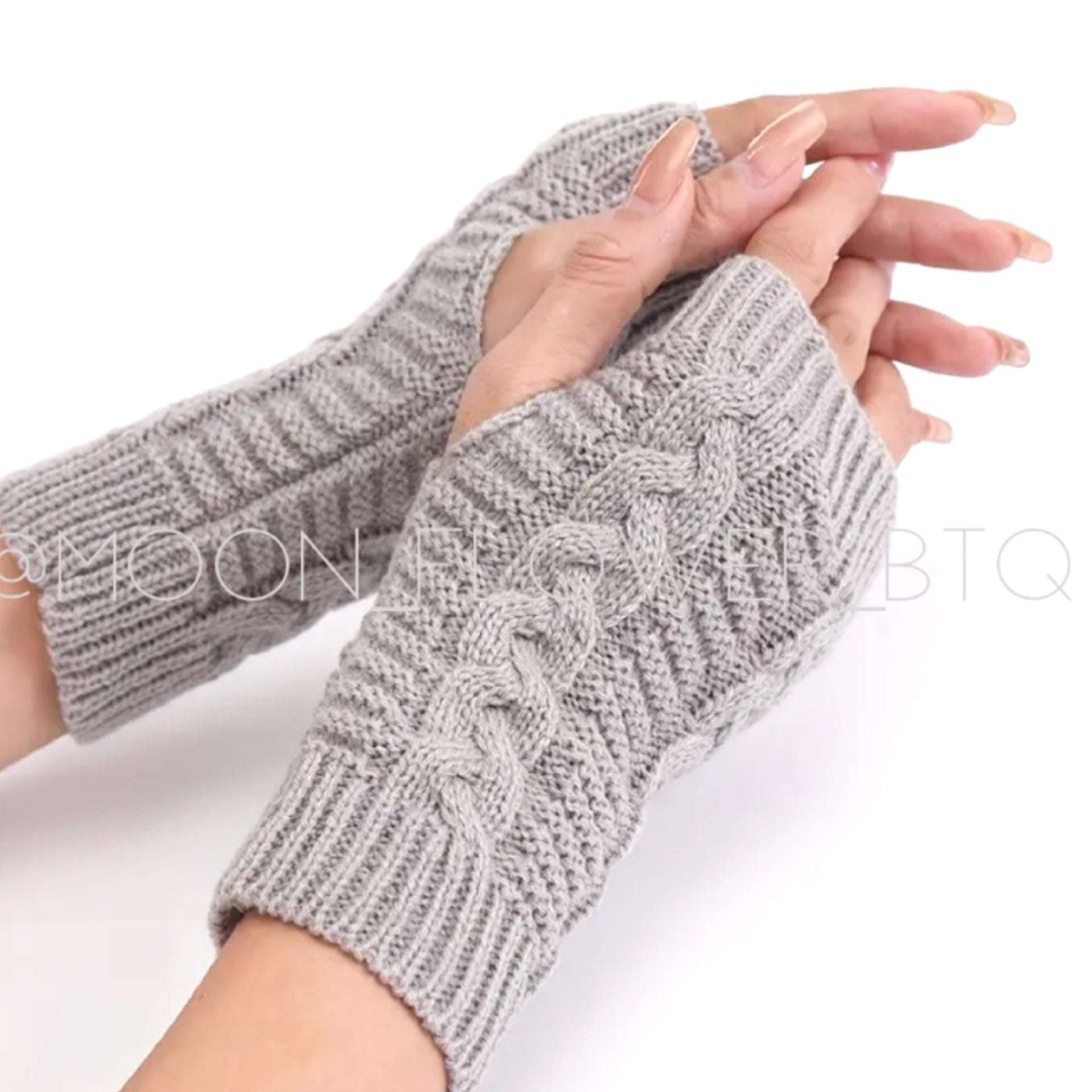 Gray Knit Fingerless Gloves | Cable Knit Arm Warmers Winter Hand Warmers