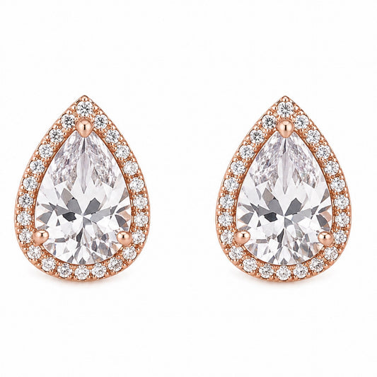 Rose Gold CZ Halo Teardrop Stud Earrings