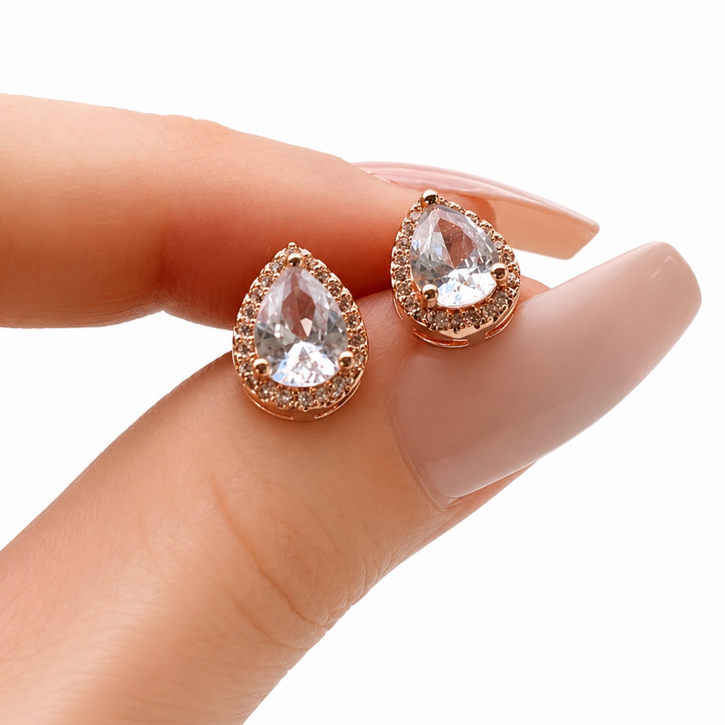 Rose Gold CZ Halo Teardrop Stud Earrings