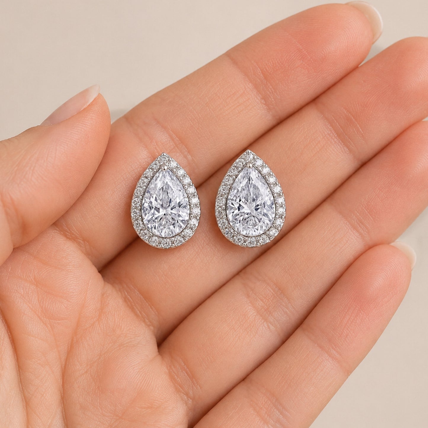 White Gold Pear CZ Halo Stud Earrings