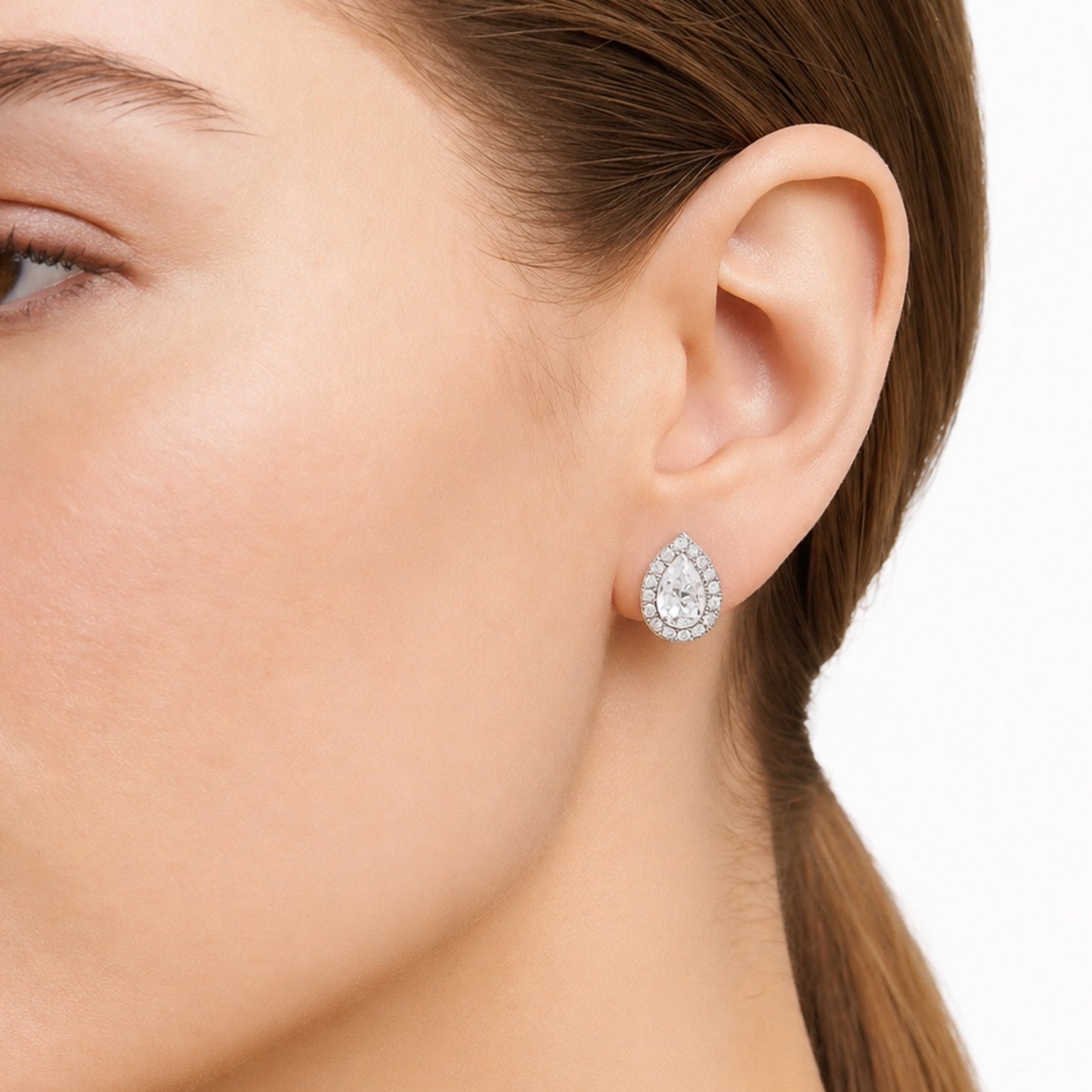 White Gold Pear CZ Halo Stud Earrings