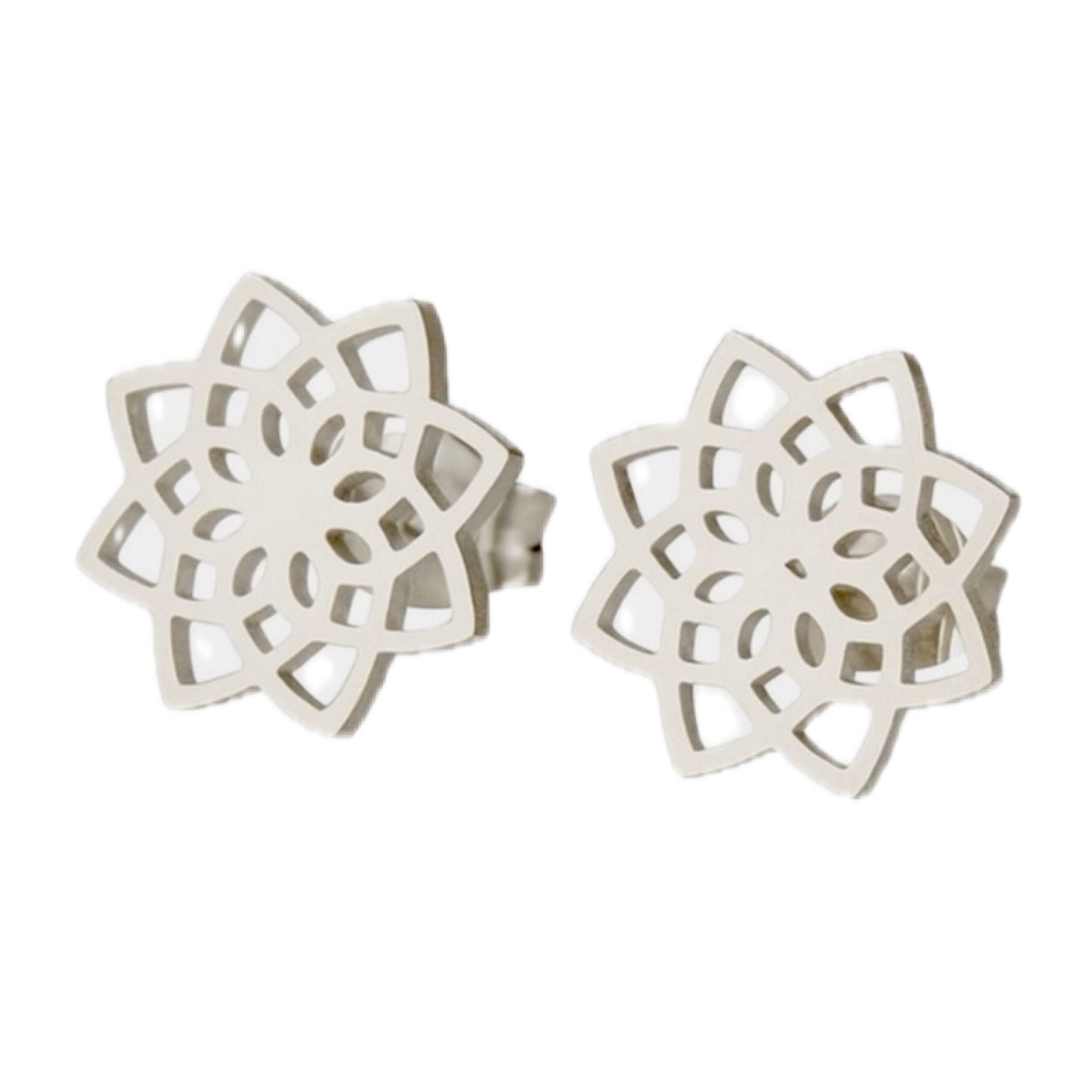 Lotus Flower Geometric Stud Earrings – Minimalist Silver Cutout Design