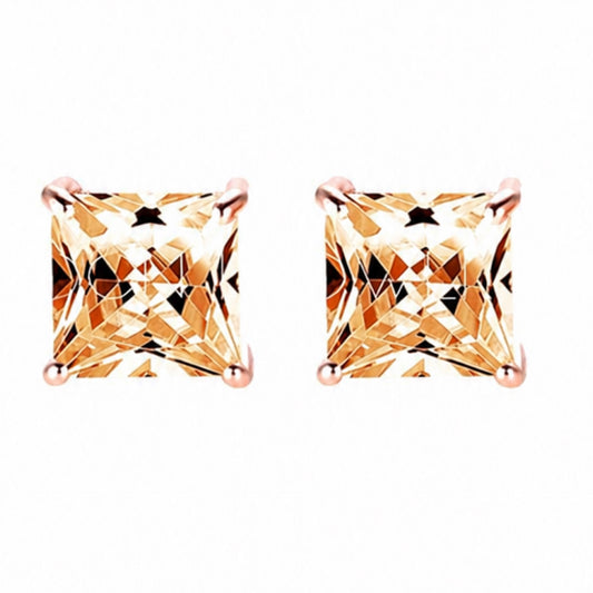 Rose Gold Princess Cut CZ Stud Earrings – Champagne