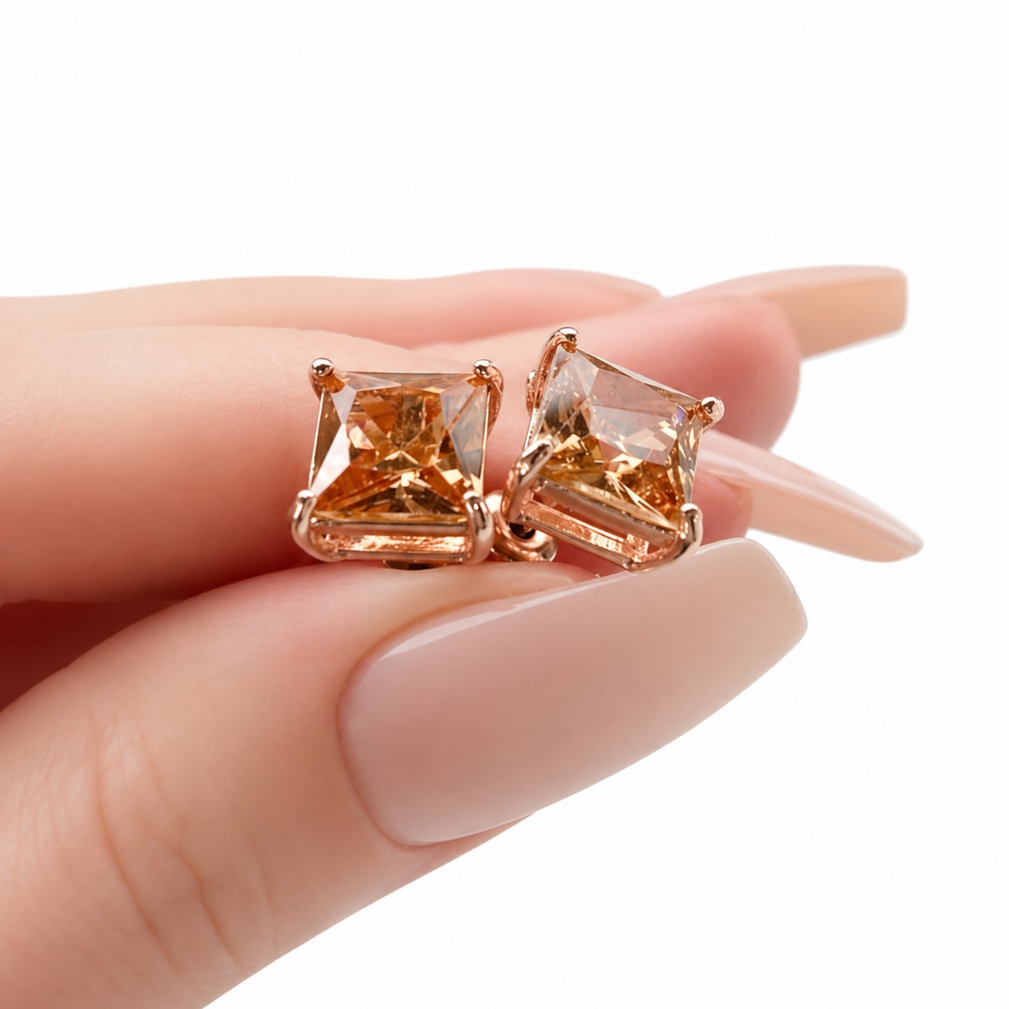 Rose Gold Princess Cut CZ Stud Earrings – Champagne