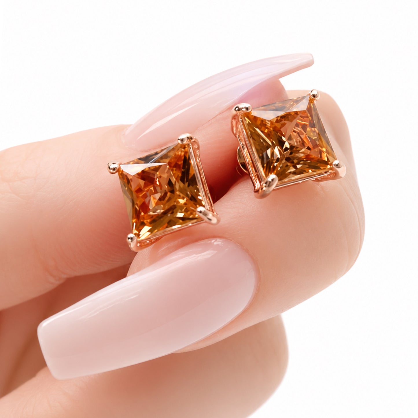 Rose Gold Princess Cut CZ Stud Earrings – Champagne