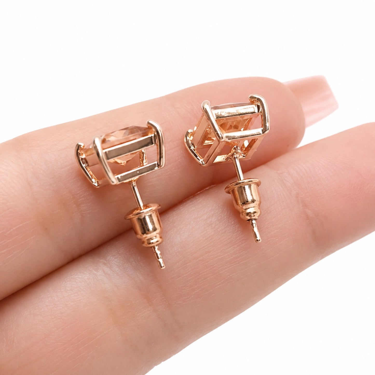 Rose Gold Princess Cut CZ Stud Earrings – Champagne