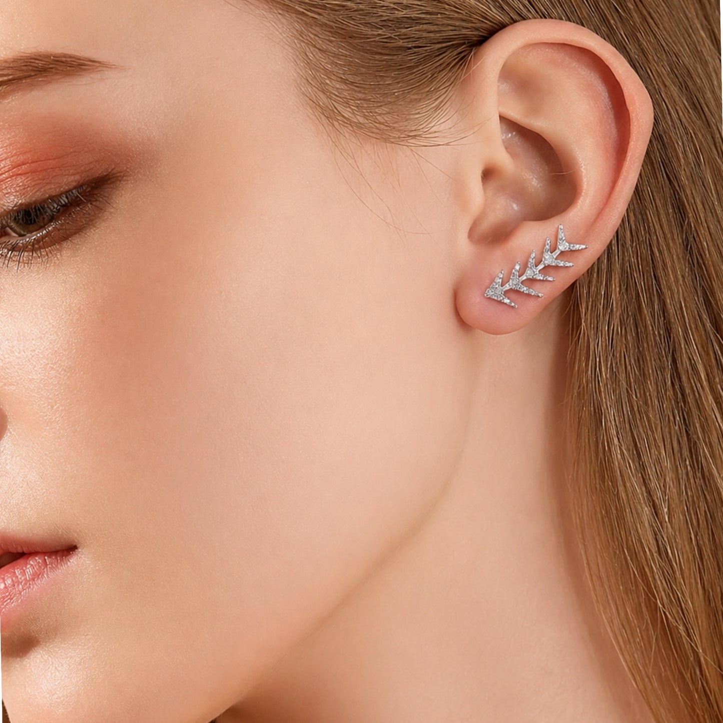 White Gold CZ Ear Climber Earrings – Leaf Vine Ear Crawlers