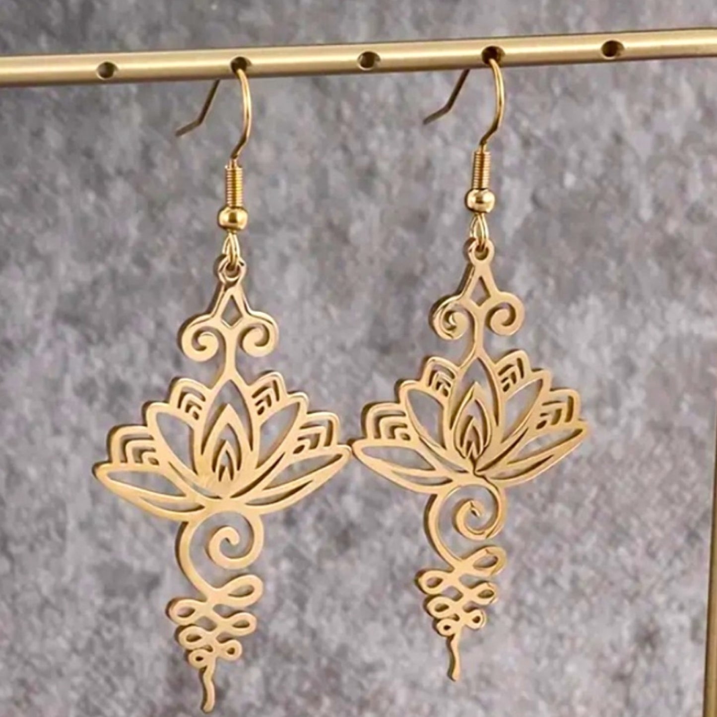 Gold Lotus Floral Drop Dangle Earrings