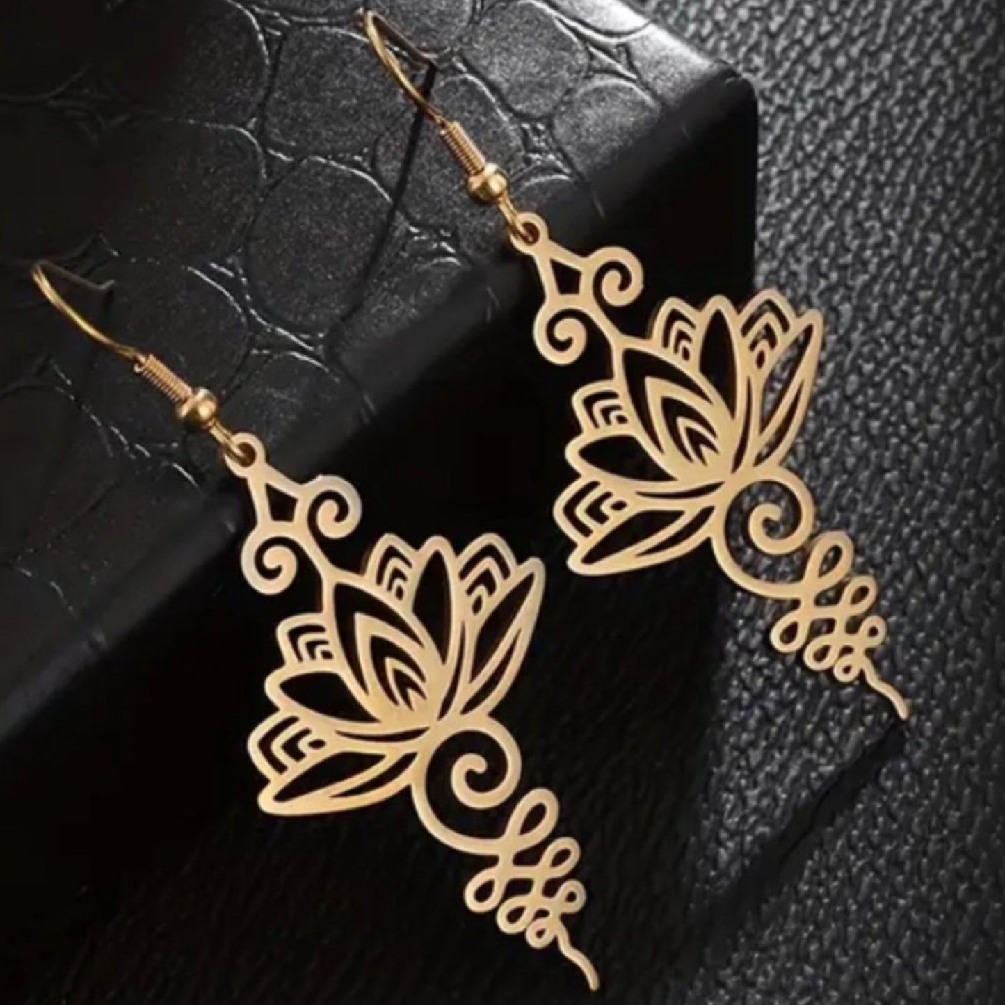 Gold Lotus Floral Drop Dangle Earrings