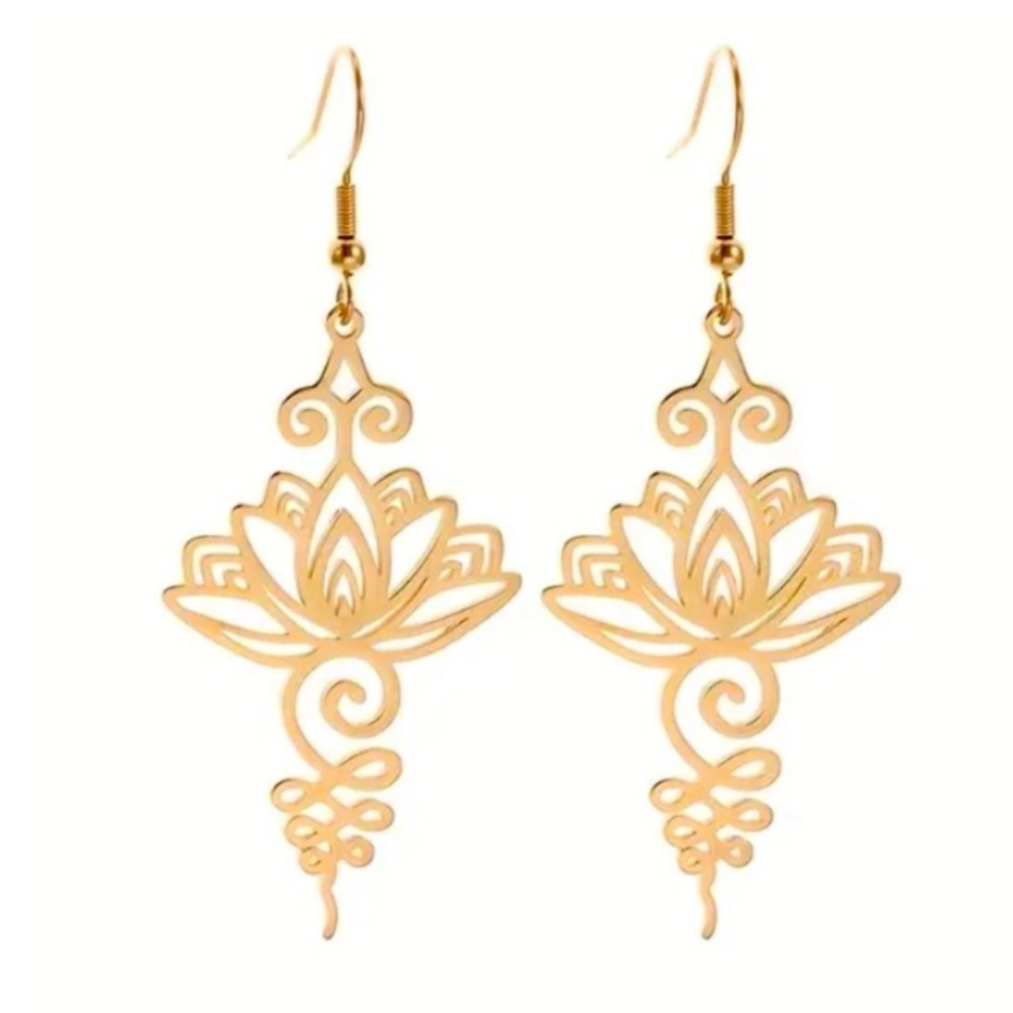 Gold Lotus Floral Drop Dangle Earrings