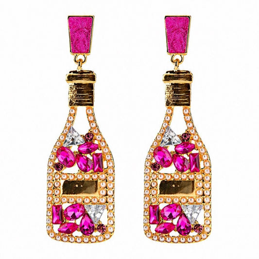 Dark Pink Champagne Bottle Rhinestone Drop Earrings