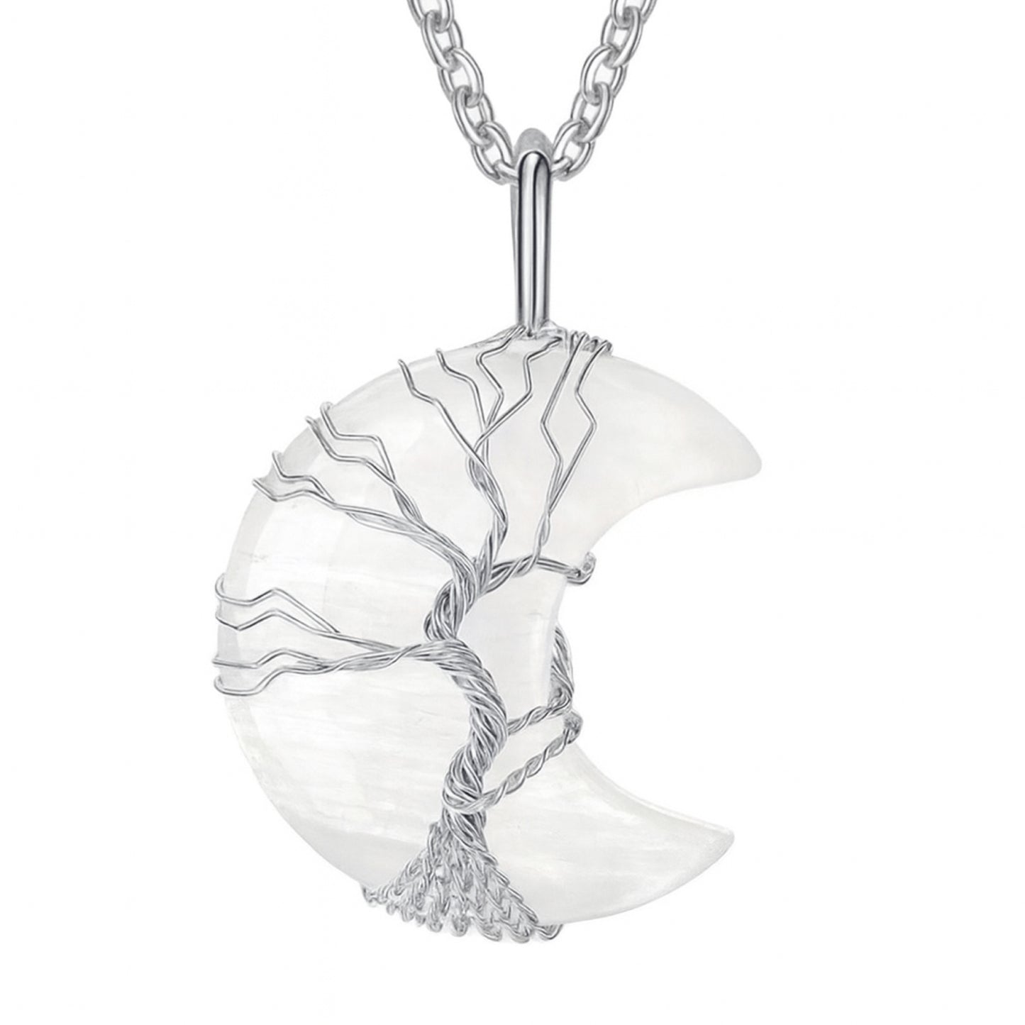Moonstone Crescent Moon Tree of Life Necklace – 24” Chain
