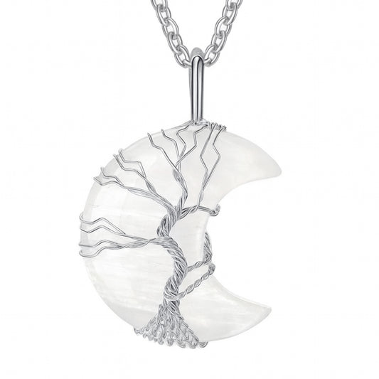 Moonstone Crescent Moon Tree of Life Pendant Necklace – Silver Chain