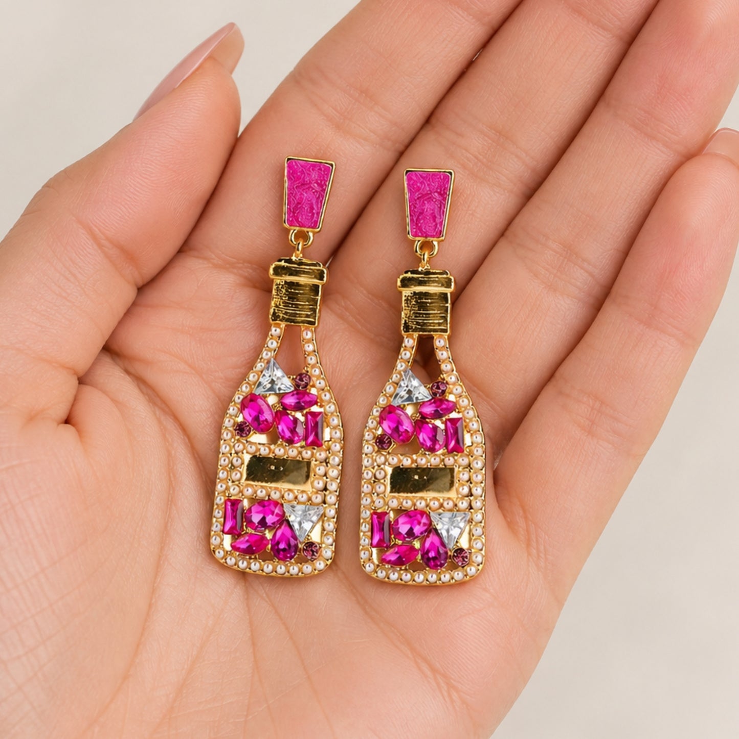 Dark Pink Champagne Bottle Rhinestone Drop Earrings