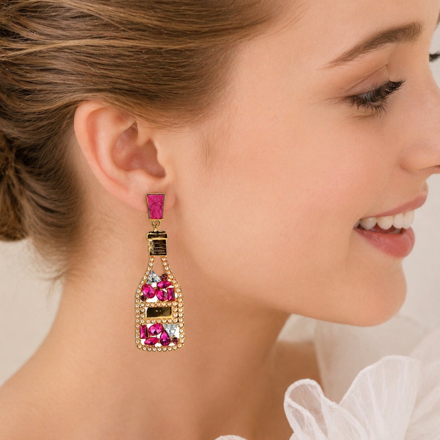 Dark Pink Champagne Bottle Rhinestone Drop Earrings