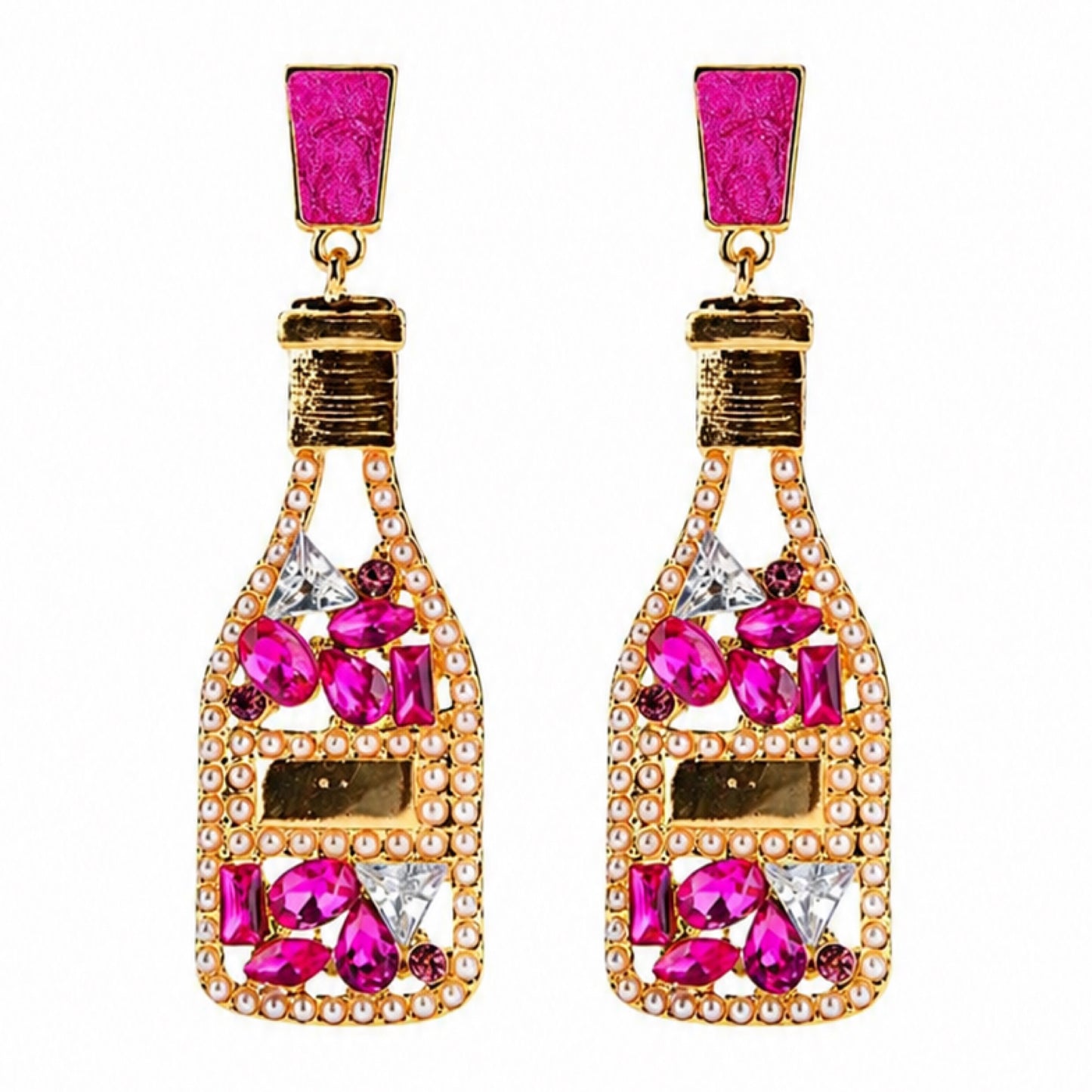 Dark Pink Champagne Bottle Rhinestone Drop Earrings