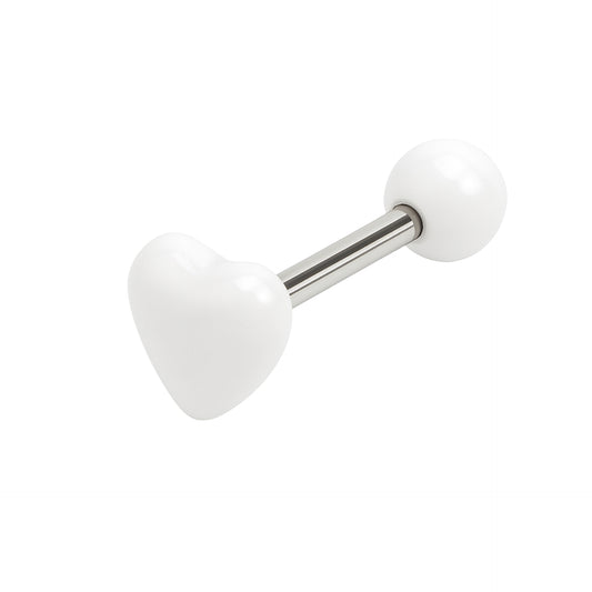 14G White Heart Tongue Barbell Piercing | Stainless Steel Hypoallergenic