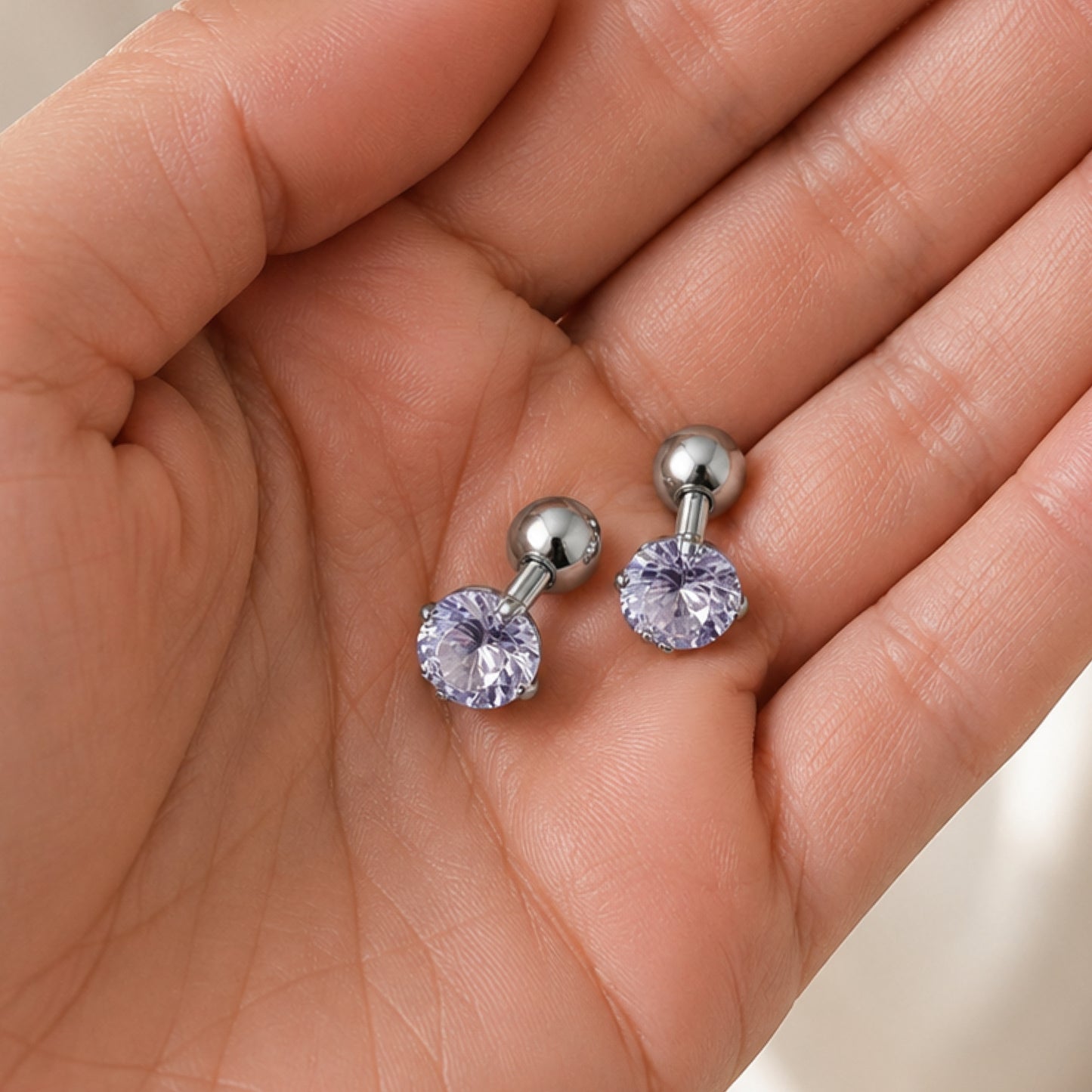 16G Light Purple CZ Barbell Earrings – 6mm Stainless Steel Studs