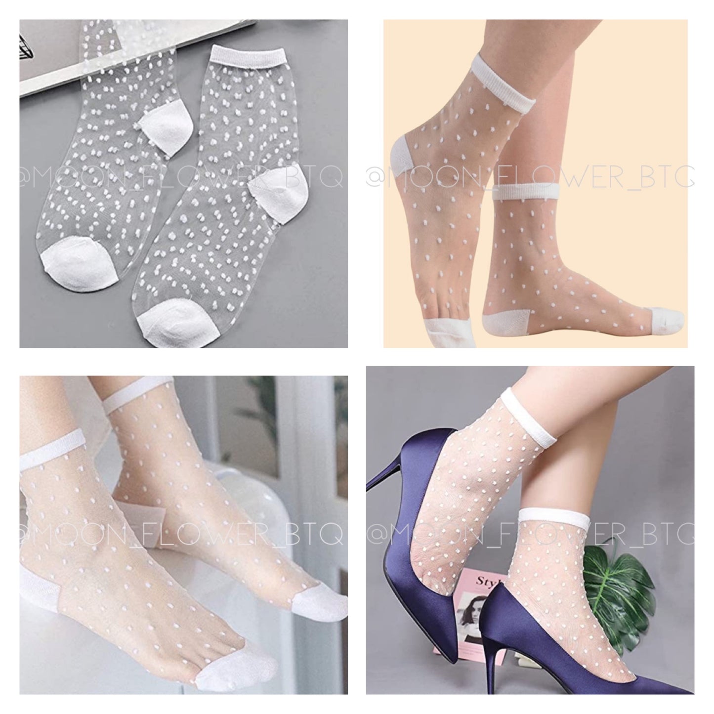 White Polka Dot Sheer Mesh Transparent Nylon Ankle Socks | Kawaii Dressy Retro
