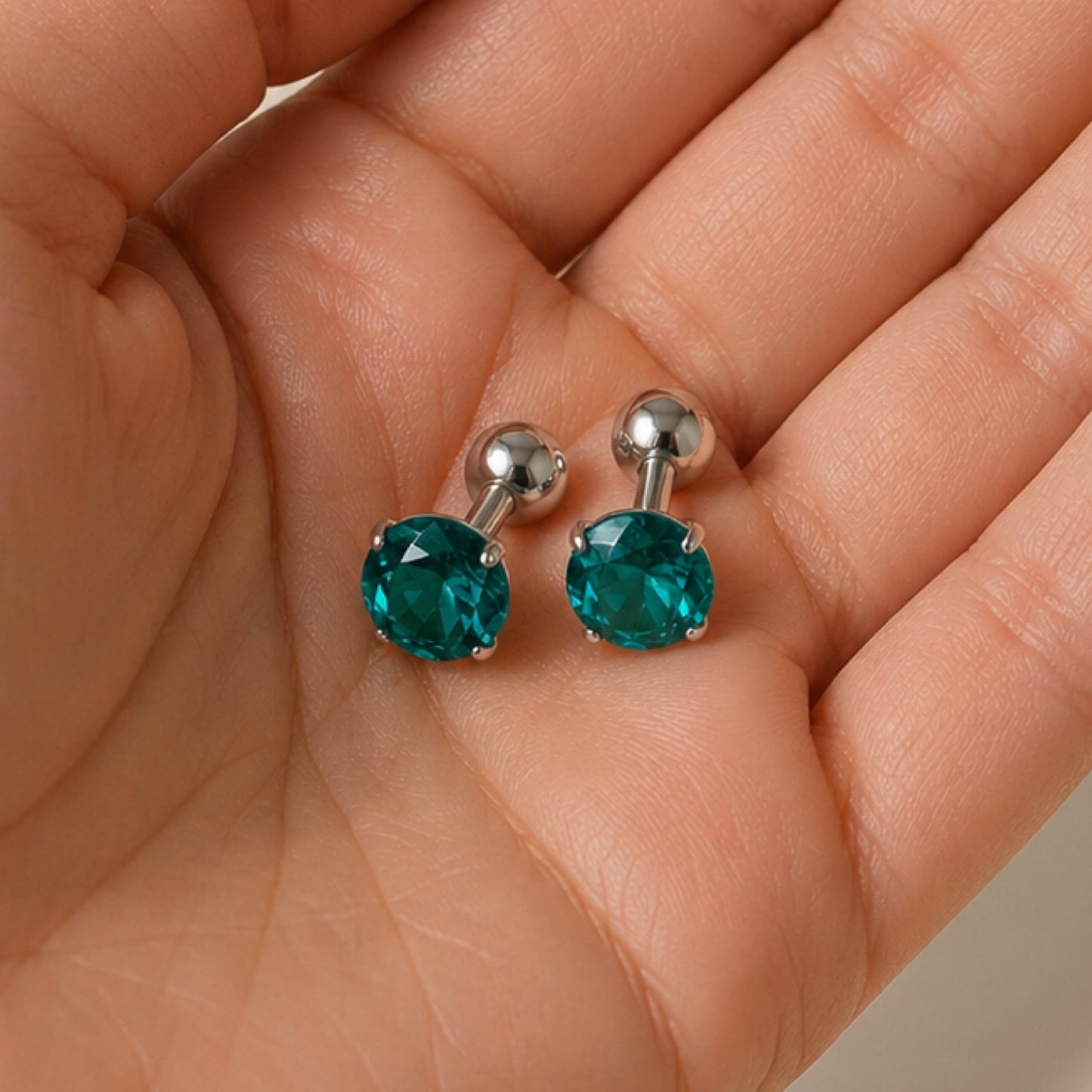16G 6mm Teal CZ Barbell Stud Earrings