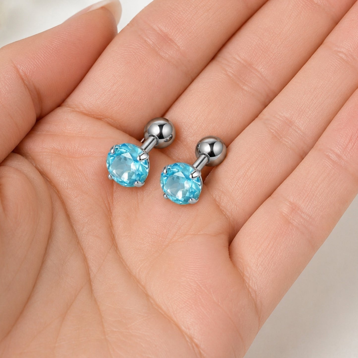 16G 6mm Aqua Blue CZ Barbell Earrings