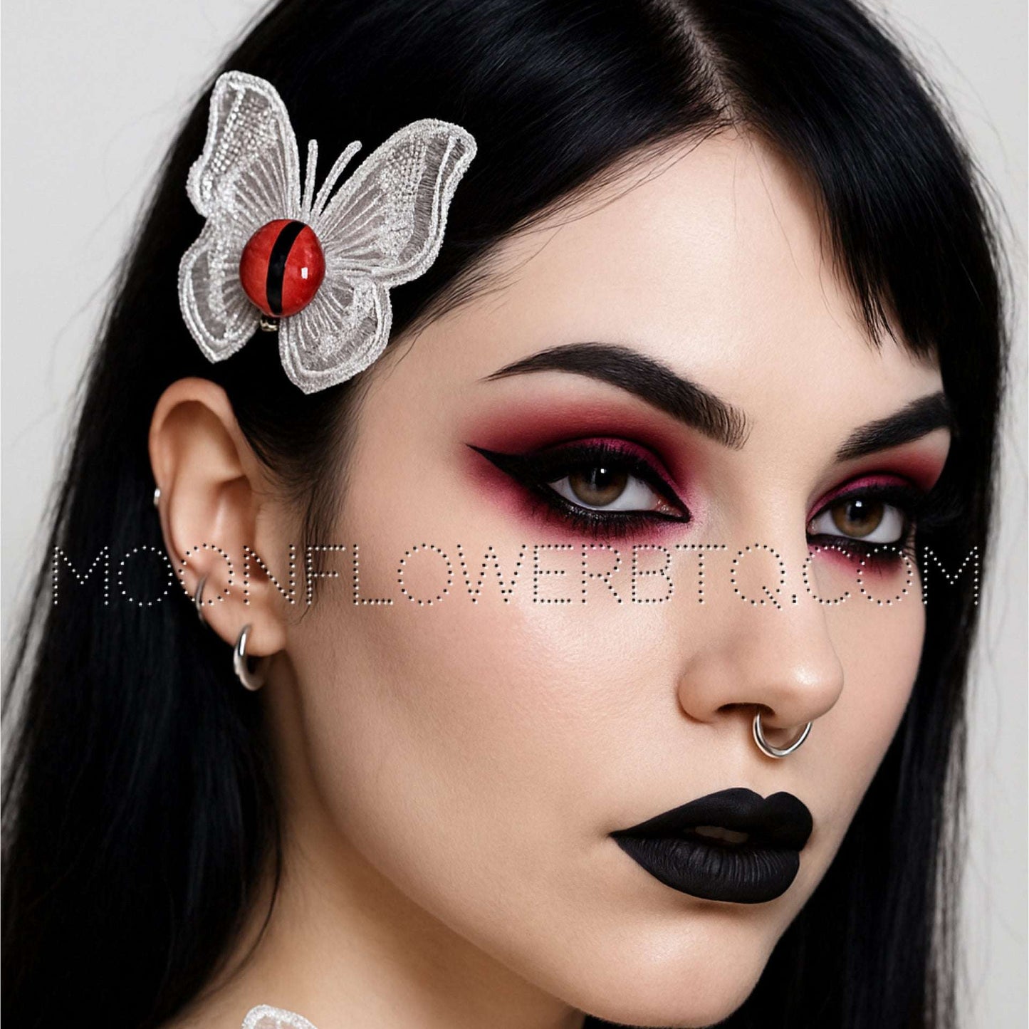 Goth Punk Butterfly Hair Clip White Lace with Eyeball Accent