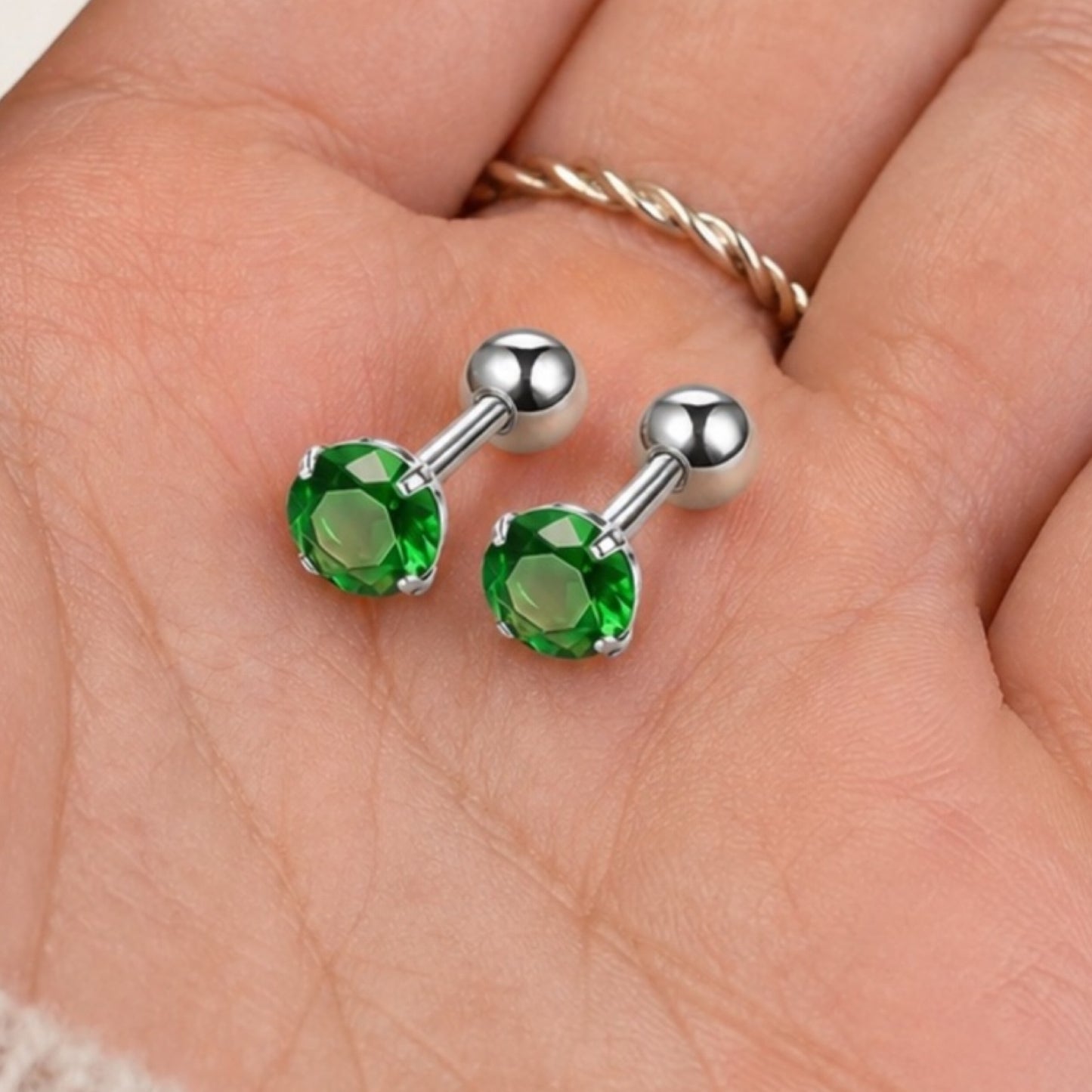 Emerald Green CZ Barbell Stud Earrings – 16G 6mm