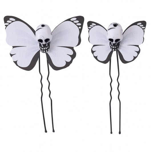 Goth Skull Butterfly Hair Pin Set White Black Halloween Cosplay Gothic Barrettes
