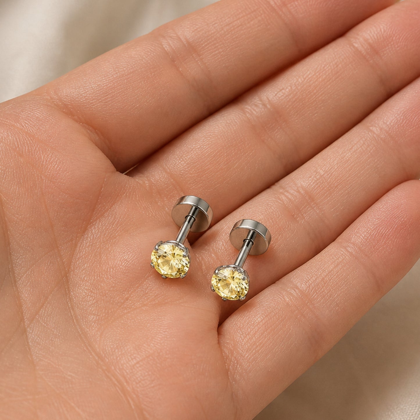 Light Yellow CZ Flat Back Stud Earrings