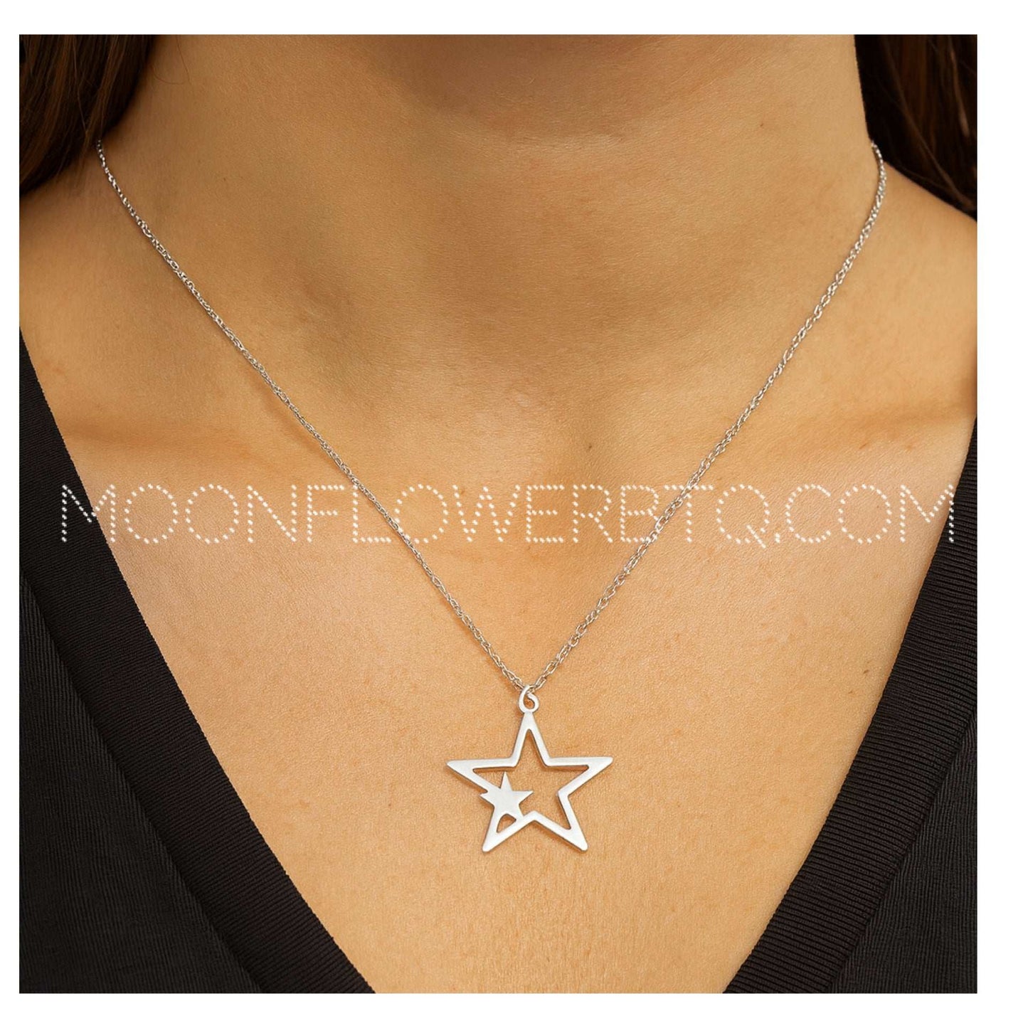 Silver Star Pendant Necklace | Stainless Steel Cutout Double Star 20” Chain