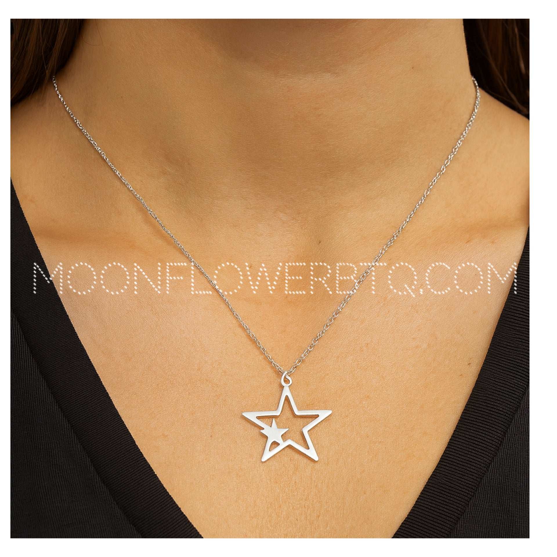 Silver Star Pendant Necklace | Stainless Steel Cutout Double Star 20” Chain