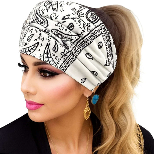 White Paisley Print Turban Headband Ear Warmer