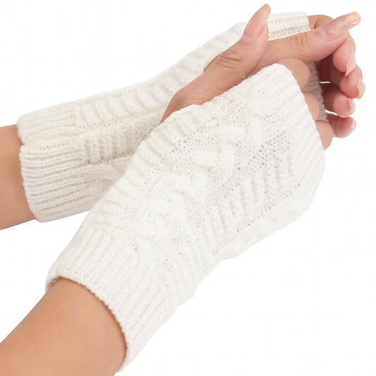 White Knit Fingerless Gloves Arm Warmers – Cozy Winter Cable Knit Hand Warmers