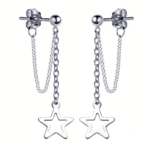 Silver Star Dangle Chain Earrings – Stainless Steel Drop Studs