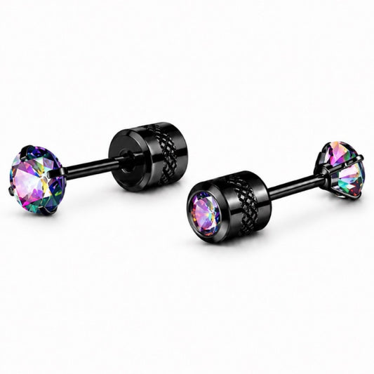 Black Rainbow CZ Double Ended Screw Back Stud Earrings – 4mm